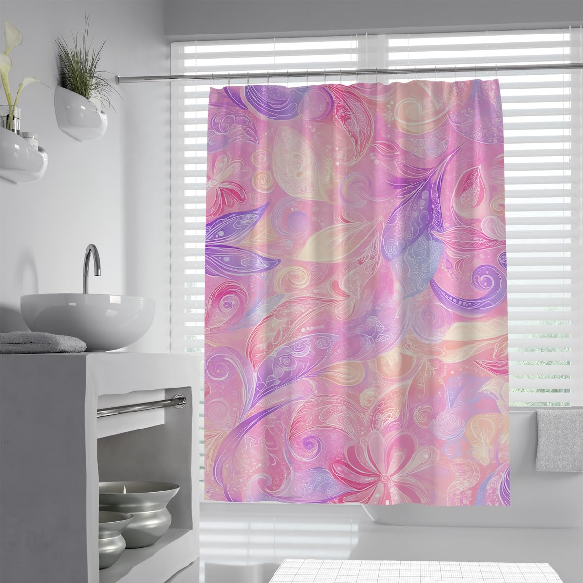 Boho Paisley Zasłona prysznicowa, różowa, fioletowa, kwiatowa, zestaw, wodoszczelna, materiałowa zasłona łazienkowa z haczykami, do dekoracji łazienki, 150 x 200 cm