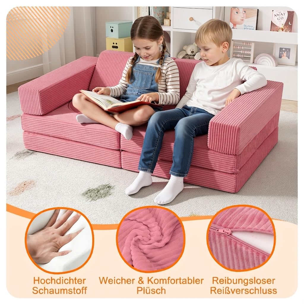 MeMoreCool Fancy Spielsofa für Kinder Cord– 10-teilige modulare Kindercouch Kindersofa Cord für das Spielzimmer, umwandelbare Kleinkindersitzgruppe, Schaumstoff Bausteine für Kinderzimmer, Rosa
