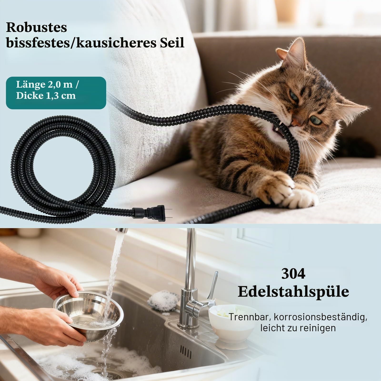Beheizter Katzennapf für Haustiere im Freien – Doppelter Futternapf aus Edelstahl mit kaufester Schnur – vollständig wasserdichte Winter-Futterstation für Katzen und Hunde – je 575 ml