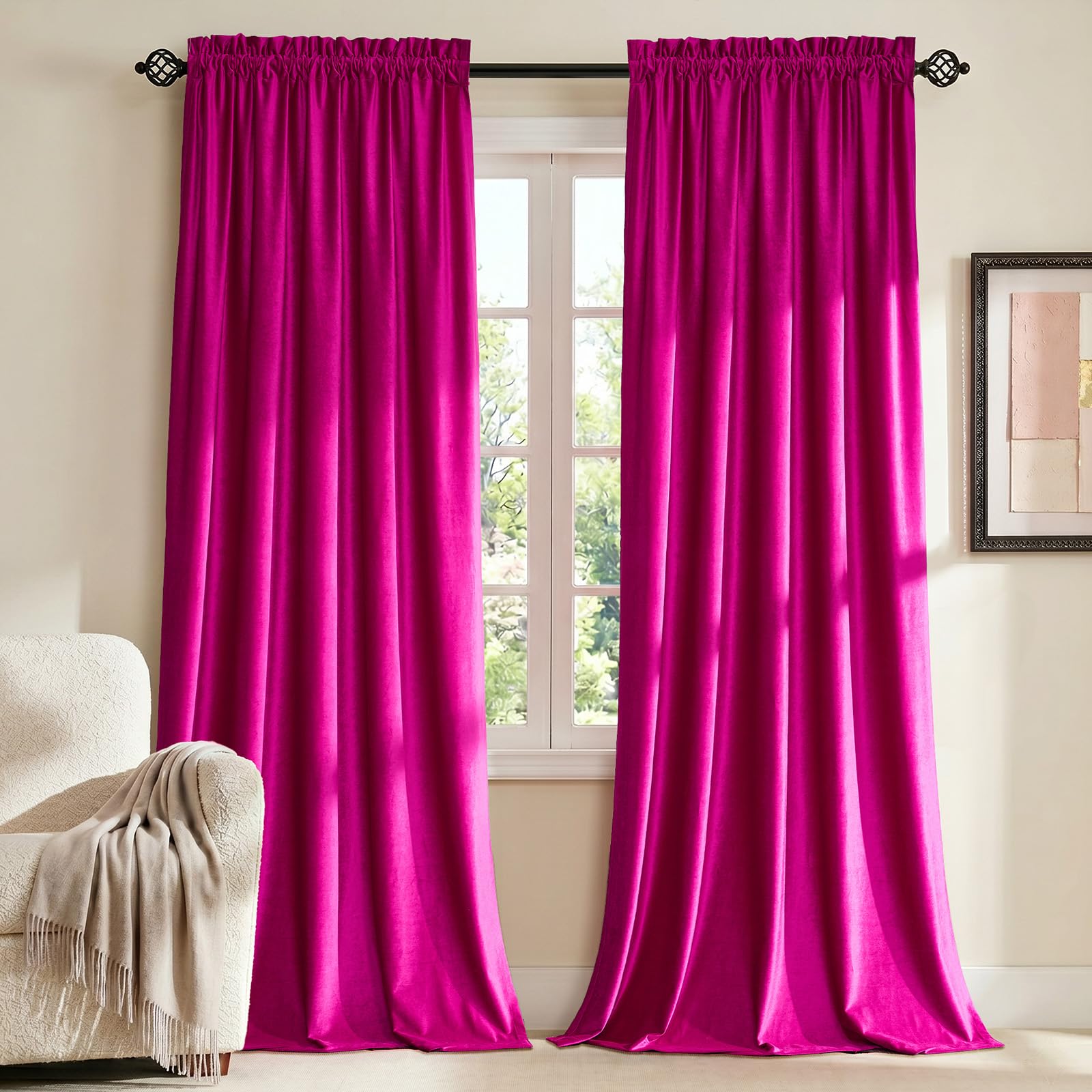 Samtvorhänge, 213,4 cm, für Wohnzimmer, luxuriös, verdunkelnder Vorhang, Fuchsia, elegant, Schlafzimmer, wärmeisoliert, modern, schwer, dick, weich, schalldicht, mit Stangentaschen, Fenstervorhänge