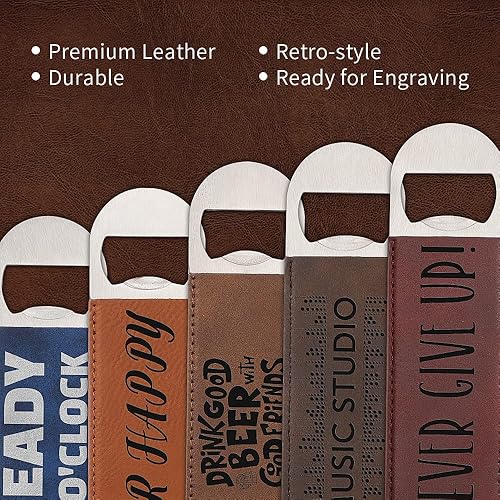 Miniatura 2 de PYD Life Paquete de 8 abrebotellas planos de acero inoxidable con mango de cuero amarillo y marrón, 1.6 x 7 pulgadas para grabado láser Glowforge