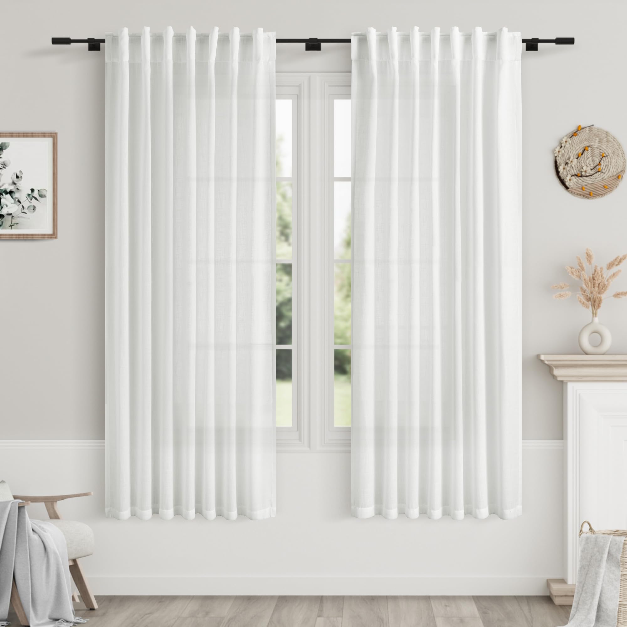 Tende in lino bianco 160 cm di lunghezza, per camera da letto, con linguetta posteriore, filtraggio della luce, privacy, tende bianche velate moderne per casa colonica, decorazione costiera, tenda in