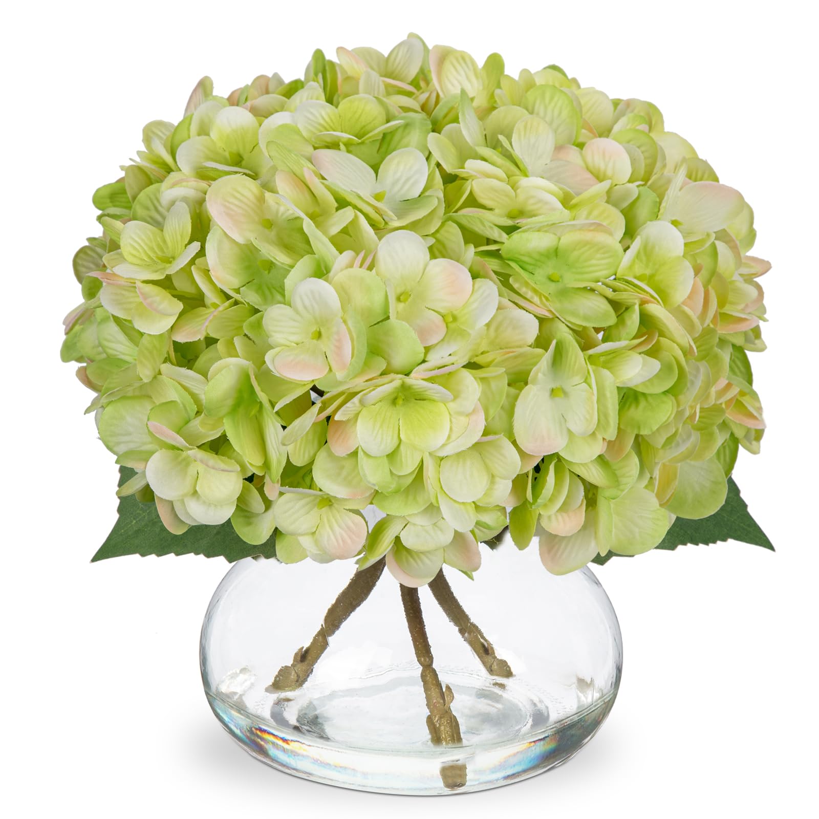Oairse Hydrangea Artificial Flowers with Glass Vase Green Silk Faux Flowers Arrangements in Vase with Faux Water Fake Floral Bulk Bouquet for Home Decor Wedding Table Centerpiece Spring Decorations