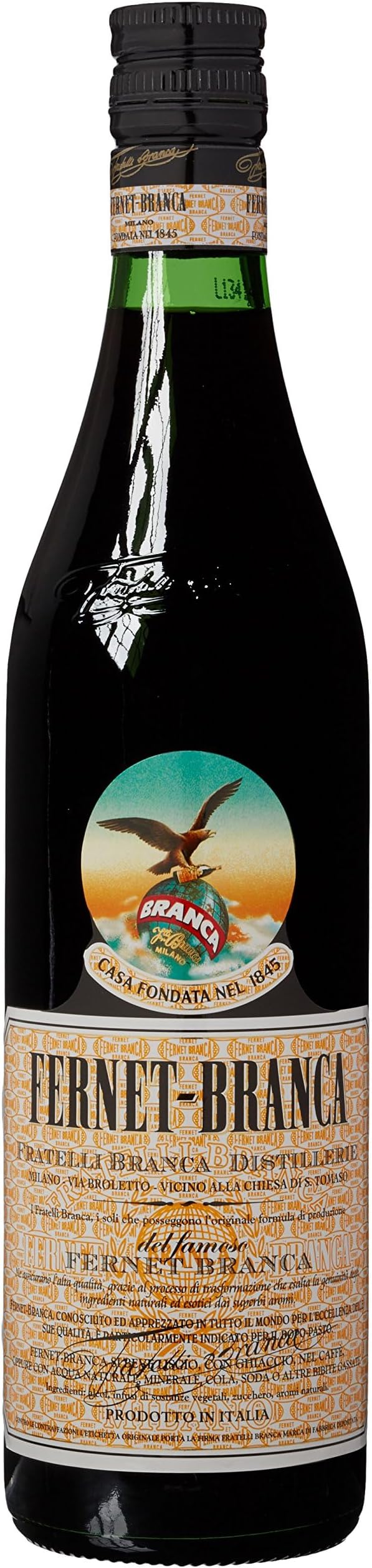 Fernet-Branca, Italian Herbal Liqueur, 70cl, 39% ABV, Digestif Liqueur with Deep, Woody Notes, Bitter Finish, 27 Herbs and Spices, Secret Recipe, Ideal as Amaro Digestivo or in Cocktails, Gift Idea