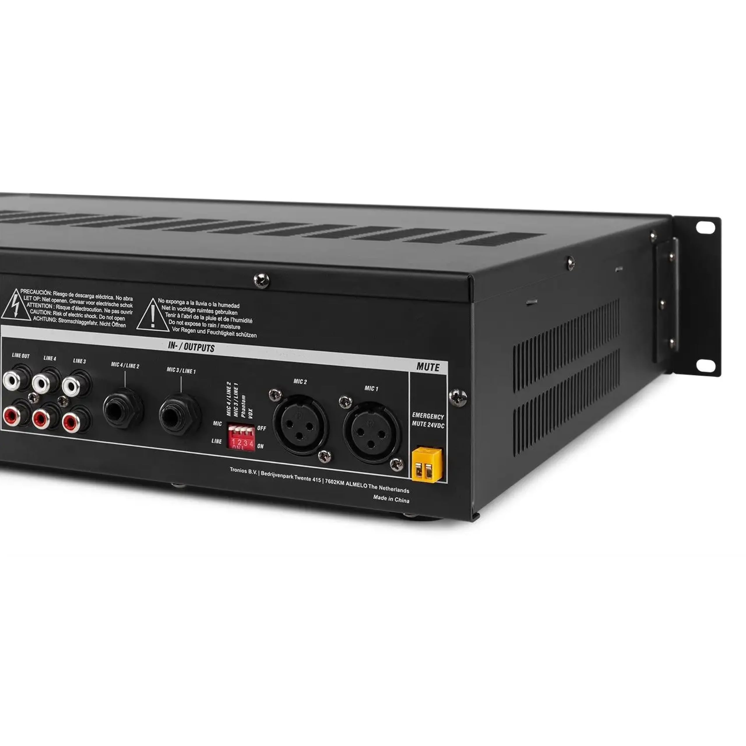 Power Dynamics Conjunto de Altavoces Exteriores - 4 Altavoces 150W IPX5, Amplificador PRM240 240W, Bluetooth, Reproductor MP3 USB/SD, Soportes de Montaje, Cable de 50m
