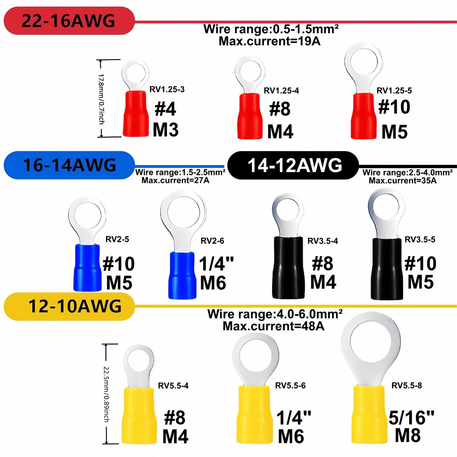 Terminal De Cable 88-108 Uds 22 10AWG 0,5 6mm² PVC Retardante De Llama Anillo Aislado Terminal Cableado Eléctrico Automático(88pcs Bag-Yellow5-8)