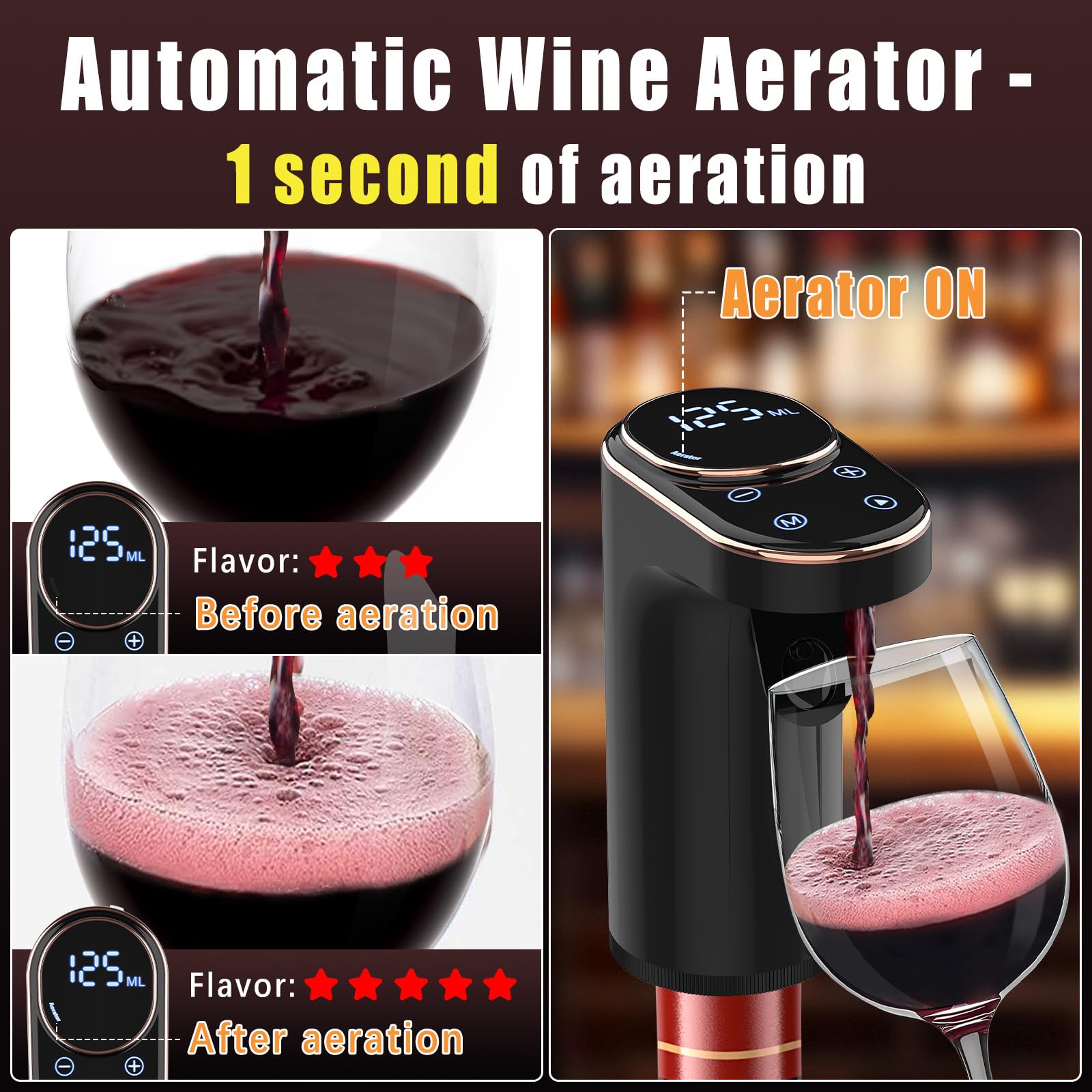 Aérateur de vin électrique, distributeur de vin rechargeable et décanteur, bec verseur quantitatif de 1 à 999 ml, autonettoyant et écran tactile LED, bec verseur automatique pour les amateurs de vin