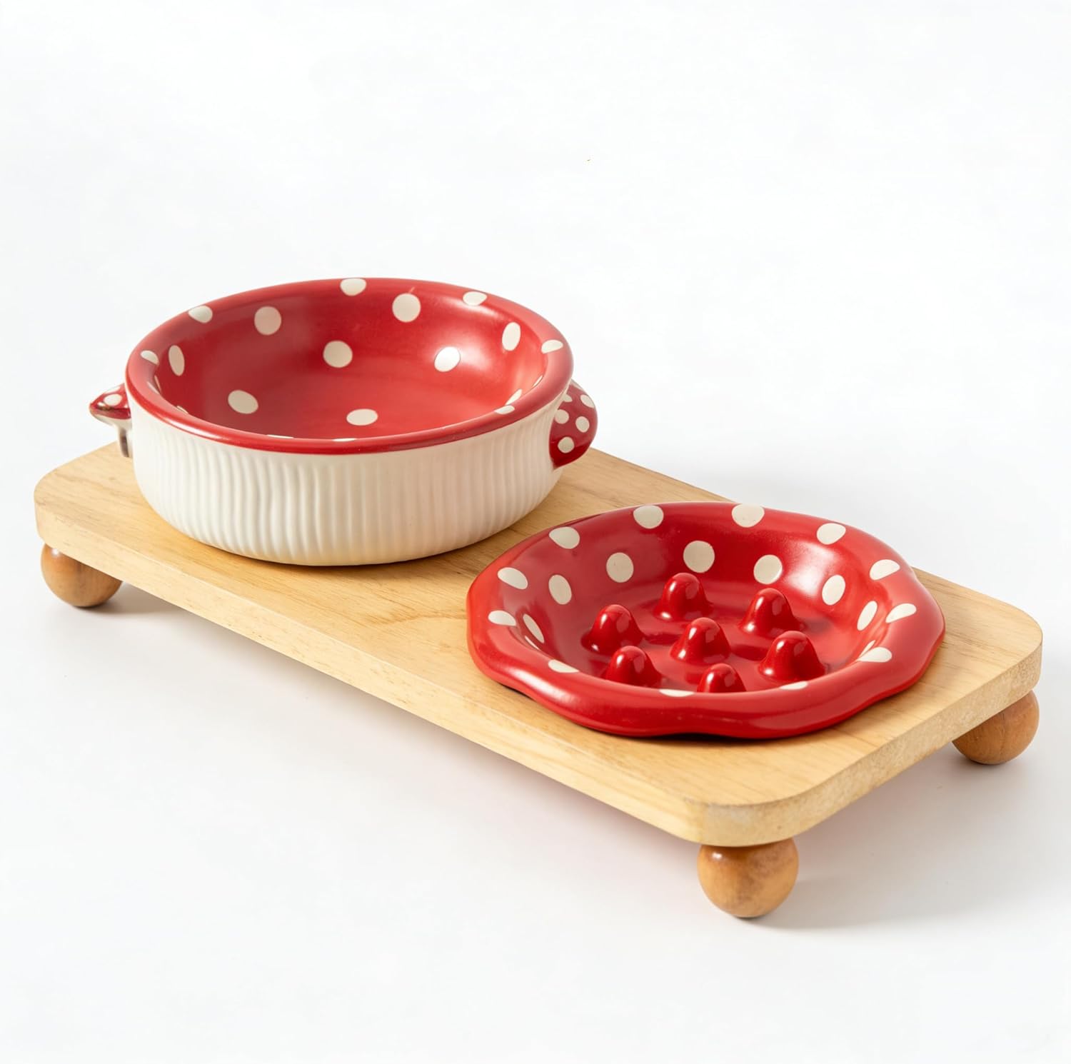 Ceramic Elevated Dog Cat Food Bowl Set with Wooden Stand, Raised Cat Slow Feeders, no Black Chin, Pet Food and Water Dishes, for Kitten Pubby Small Animal