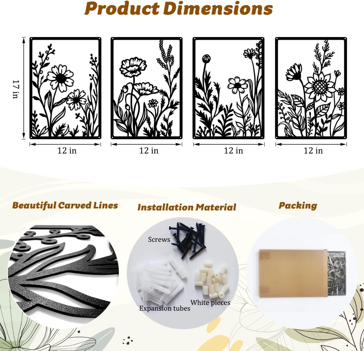 Metal Flowers Wall Décor Minimalist Metal Wall Art for Living Room Bedroom Bathroom, Black Abstract Flowers Line Hanging Art 3D Textured Wall Sculptures 4 Pcs