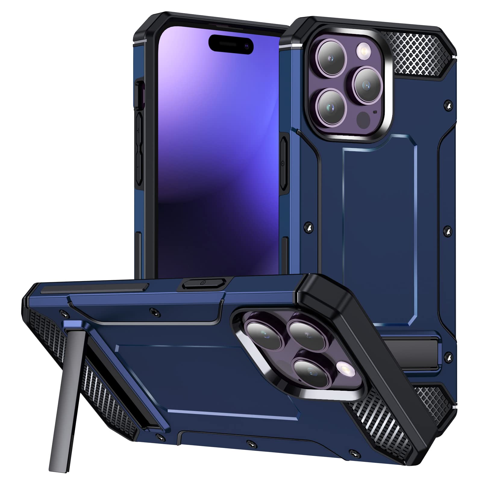 Cock® Hard Case Campetitable for Apple iPhone 15 Pro Shockproof Back Cover with Media Viewing Stand (Navy Blue)