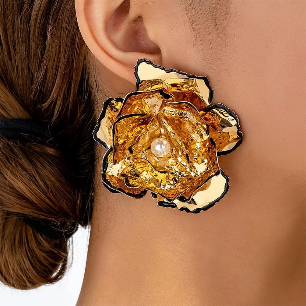 Unique Large Statement Gold Flower Stud Earrings for Women Trendy, Charm Big Floral Pearl Earring Oversized Cocktail Party Prom Jewelry Accessories - Image 3