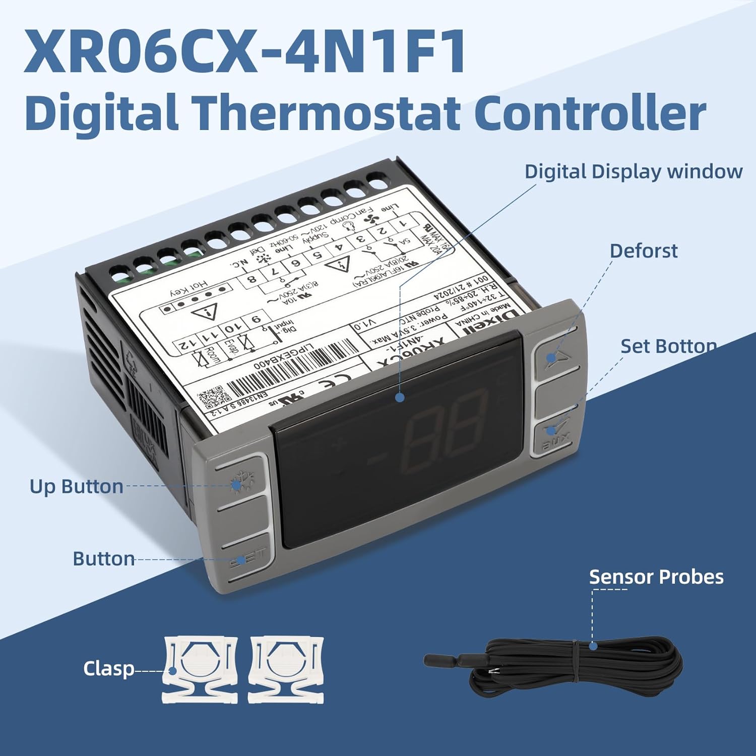 for Dixell XR06CX-4N1F1 Temperature Controllers, Programmable Digital Thermostat with Sensor Probe Fit for 120V 50-60hz Commercial Refrigerators/Freezer (Includes Mounting Hardware)