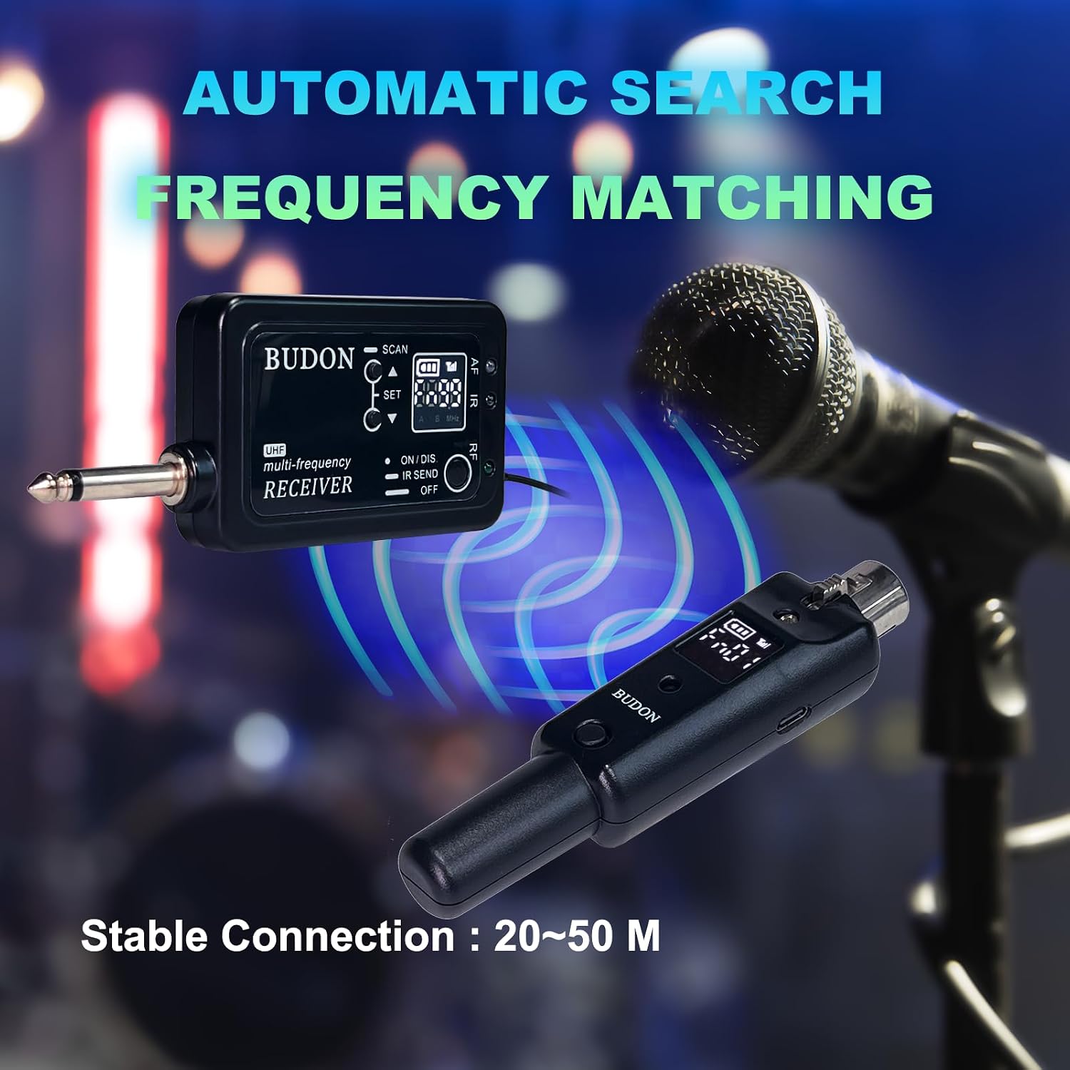 BUDON Wireless XLR Microphone Adapter, UHF Transmitter & Receiver with 99 Channels,164ft Range, Rechargeable for Converting Dynamic Mics to Wireless for PA Systems, Mixers & Cameras image 4