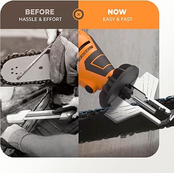 Sharp Pebble Electric Chainsaw Sharpener Kit -  with Chain Saw Sharpener Tool, 4 File Size Sharpening Wheel Bits, Angle Attachment, Wrench & eBook