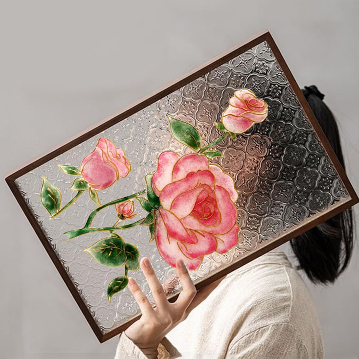 Magicaldiy Cloisonne Enamel Painting DIY Kit for Chinese Cloisonné Enamel Art of Pink Roses, DIY Pink Roses Painting Tray, Intangible Cultural Heritage Decorative Painting Ornaments