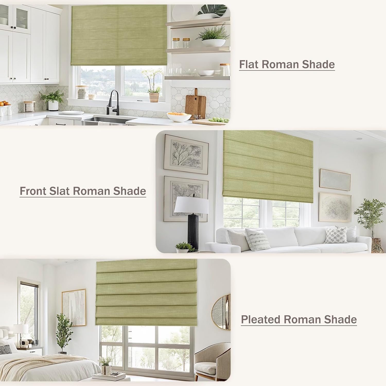 Drapifytex Flat Fold Cordless Sage Green Roman Shade with Textured Linen Roman Blind for Kitchen Windows, Custom Made Blackout Room Darkening Day Night Window Treatment, 1 Piece