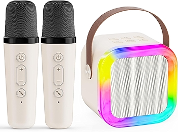 儿童卡拉OK机 迷你便携播放器，带两支无线麦克风和灯光，适合家庭聚会与生日礼物，3–12岁适用