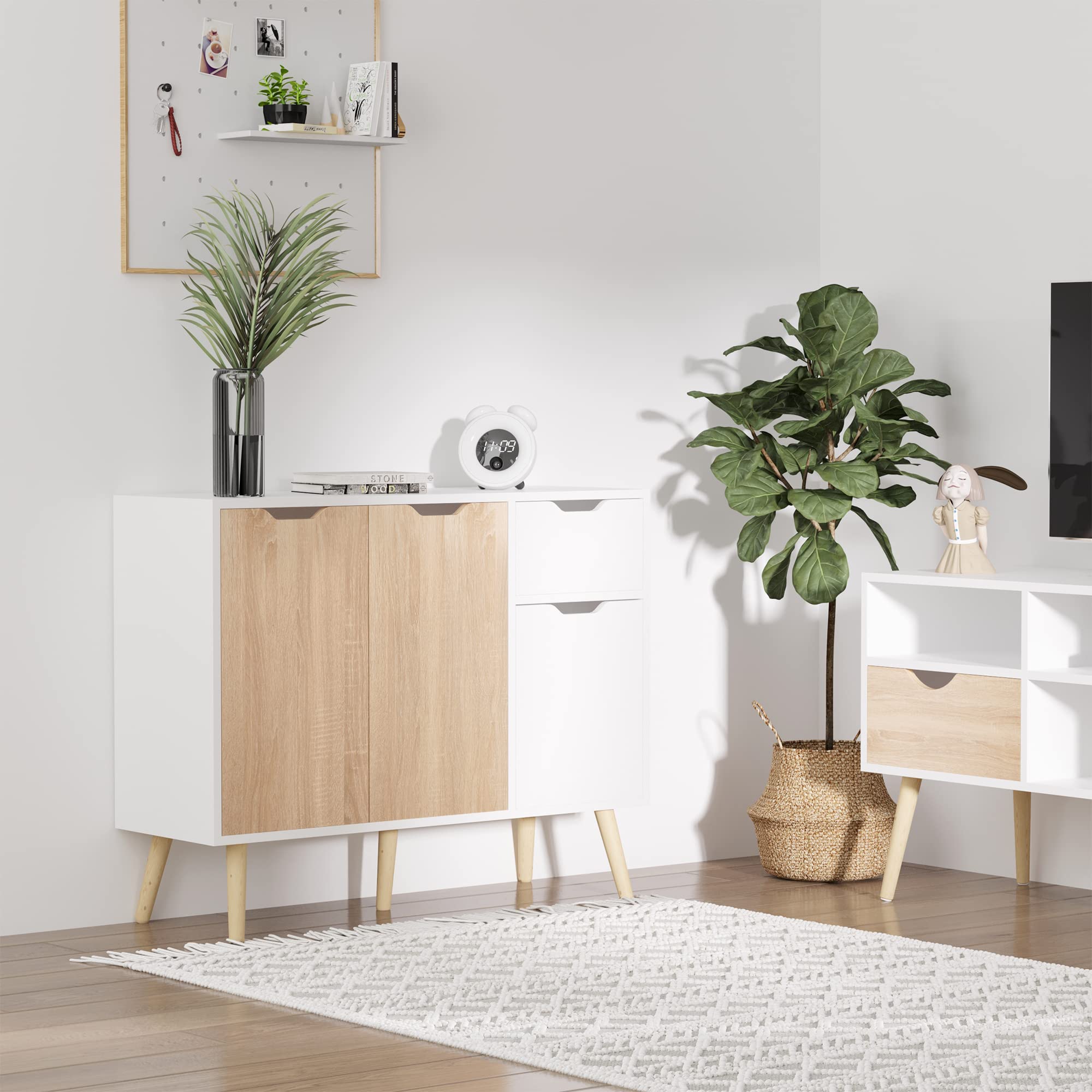 HOMCOM Aparador Moderno Aparador para Salón con 3 Puertas y Cajón Mueble Auxiliar para Salón Cocina Dormitorio 90x30x72 cm Blanco y Natural