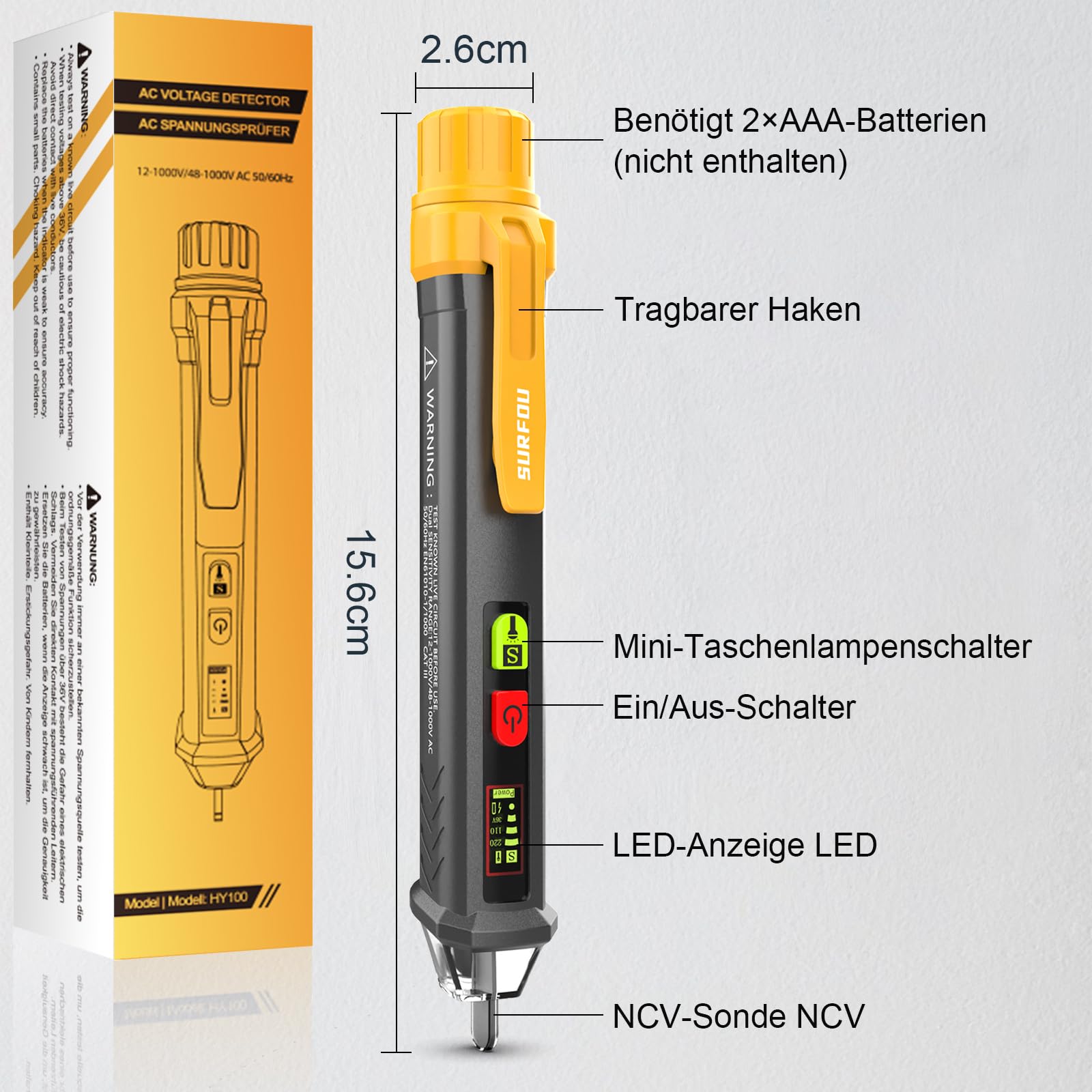 SURFOU Detector de Voltaje sin Contacto AC 12V/48V-1000V con NCV, Linterna LED, Alarma Sonora, Detección de Cable Vivo/Neutro y Rotura de Cables, para Electricistas y Bricolaje