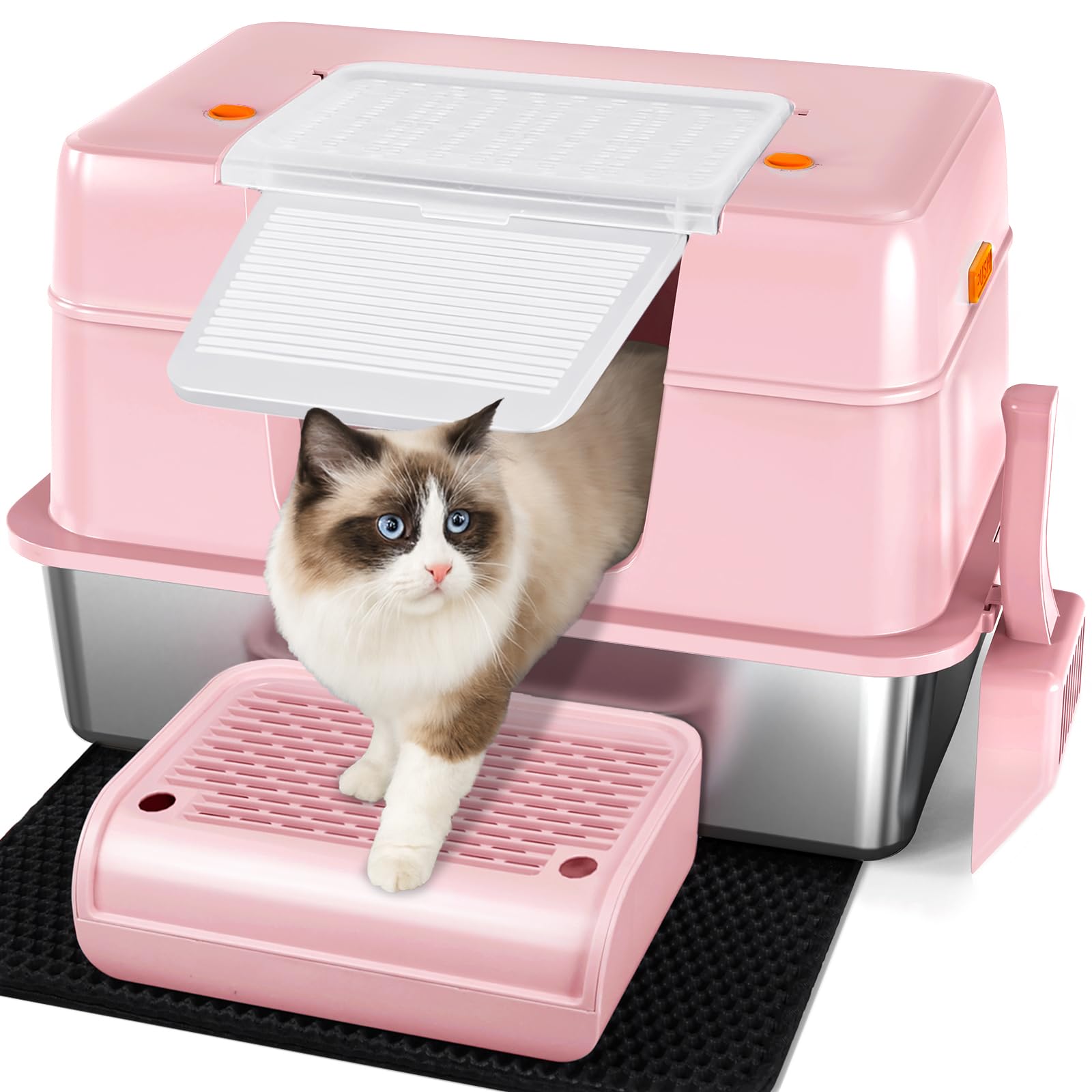 Vivifying Stainless Steel Cat Litter Tray, High-Sided, Removable and Metal Stainless Steel Cat Litter Box with Lid with Scoop, Steps and Mat (Pink) — image 1