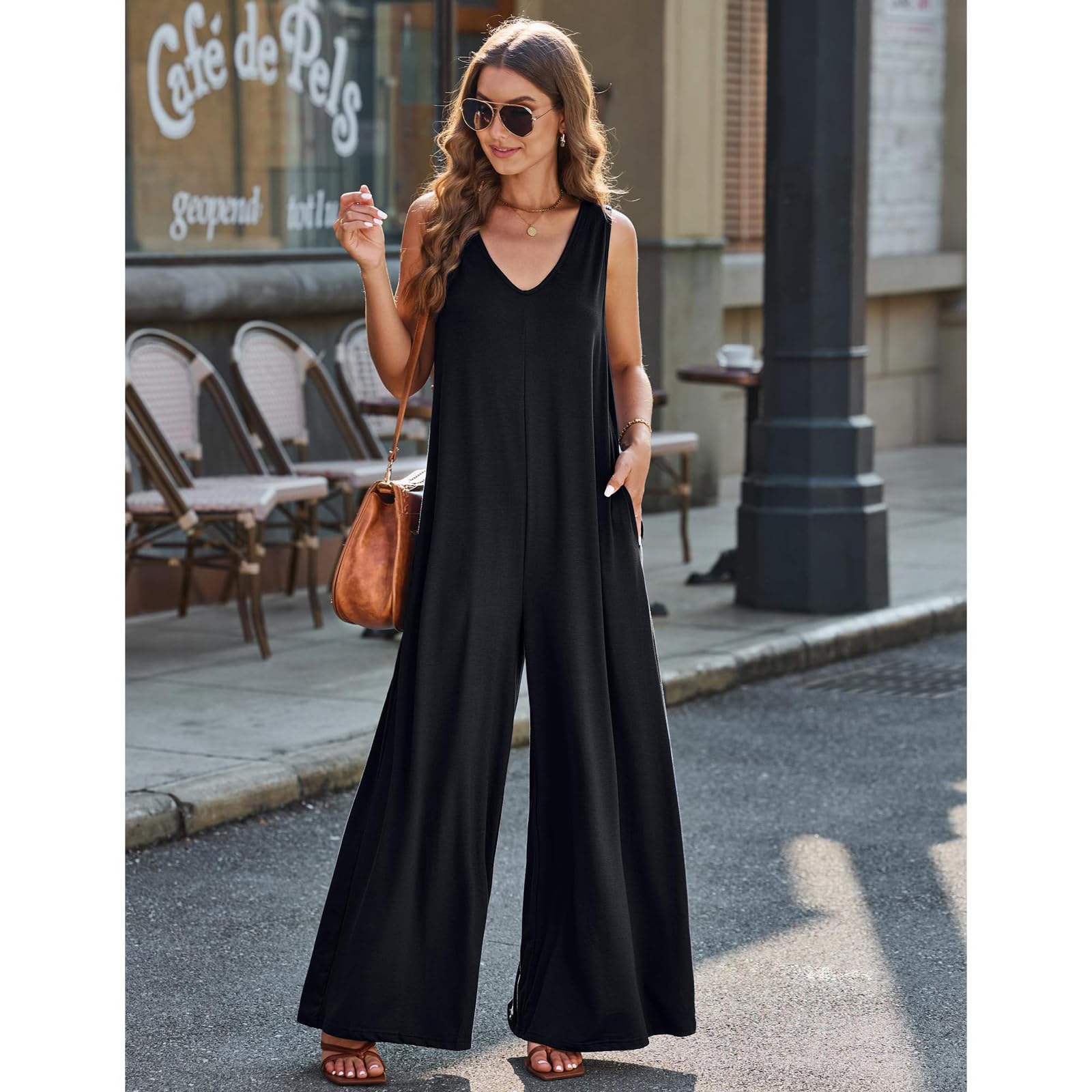 Mono Mujer Jumpsuit Sin Mangas Largo Pierna Ancha Pantalón Rompers Verano Tirantes Anchos Overol Cuello en V