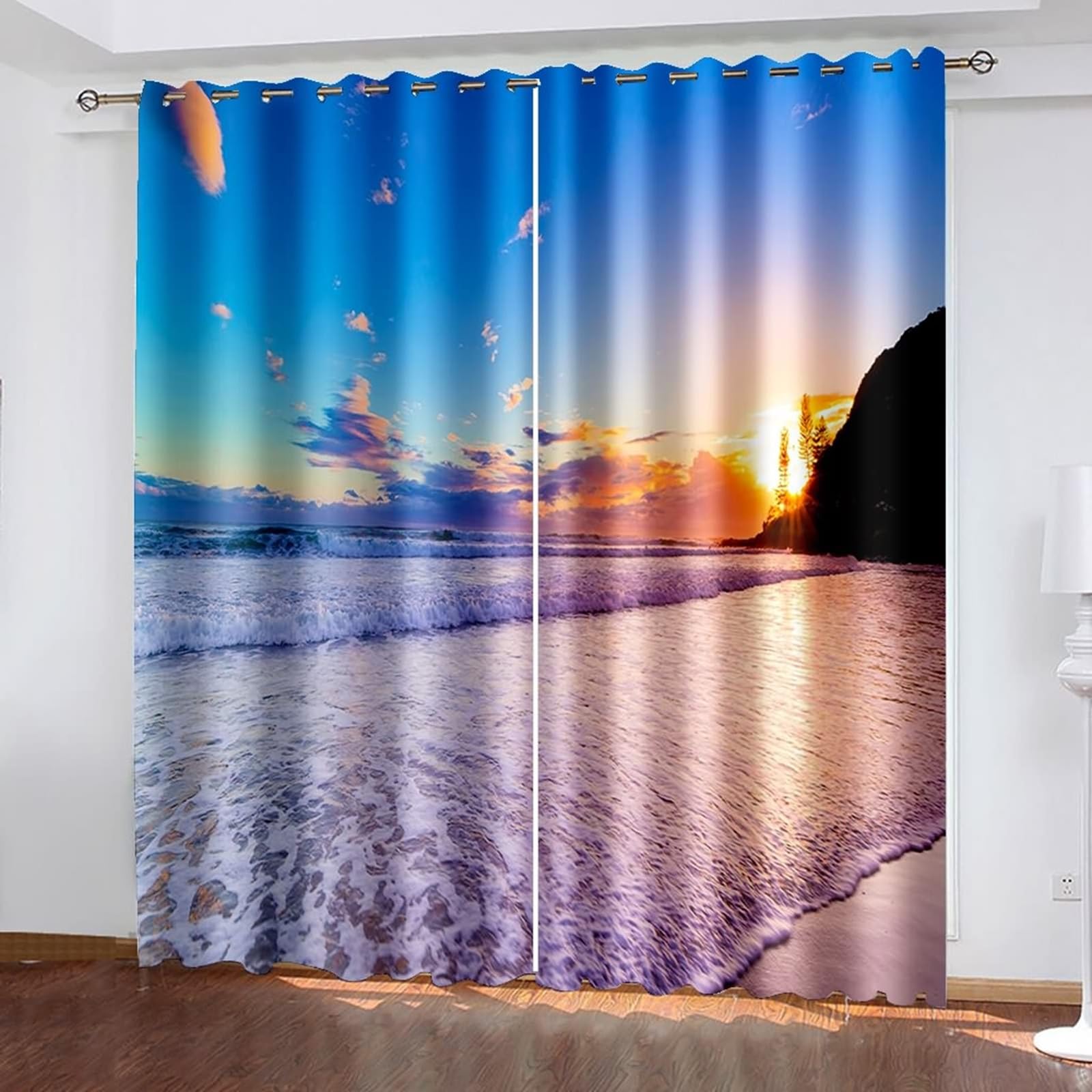 Küchenvorhänge Landhausstil, 96x229cm Orange Blau Sonnenuntergang Meer Vorhang für Schlafzimmer