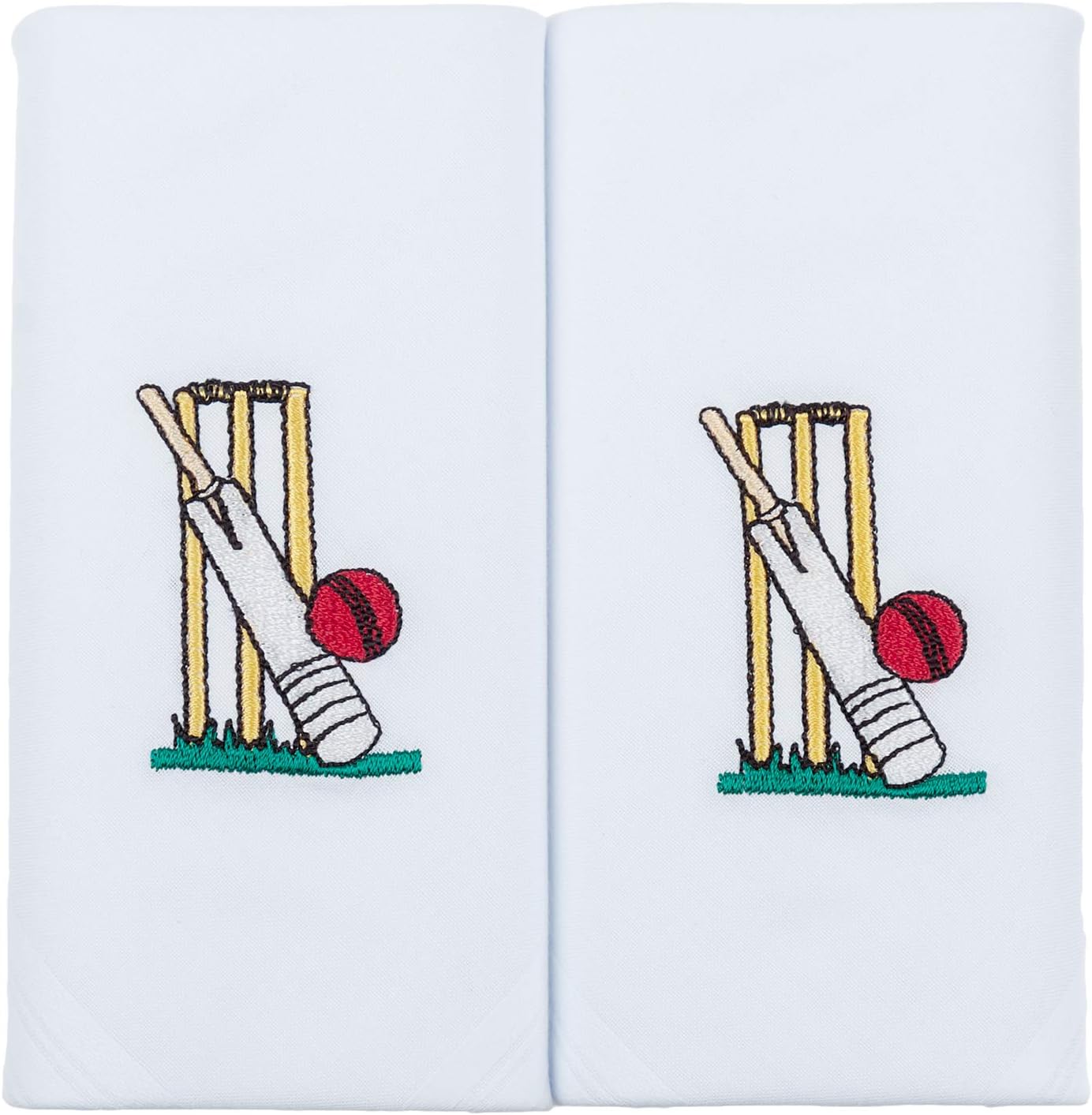 Cricket Hankies - White Handkerchiefs for Men Cotton with Embroidered Cricket Stumps Bat and Ball Design