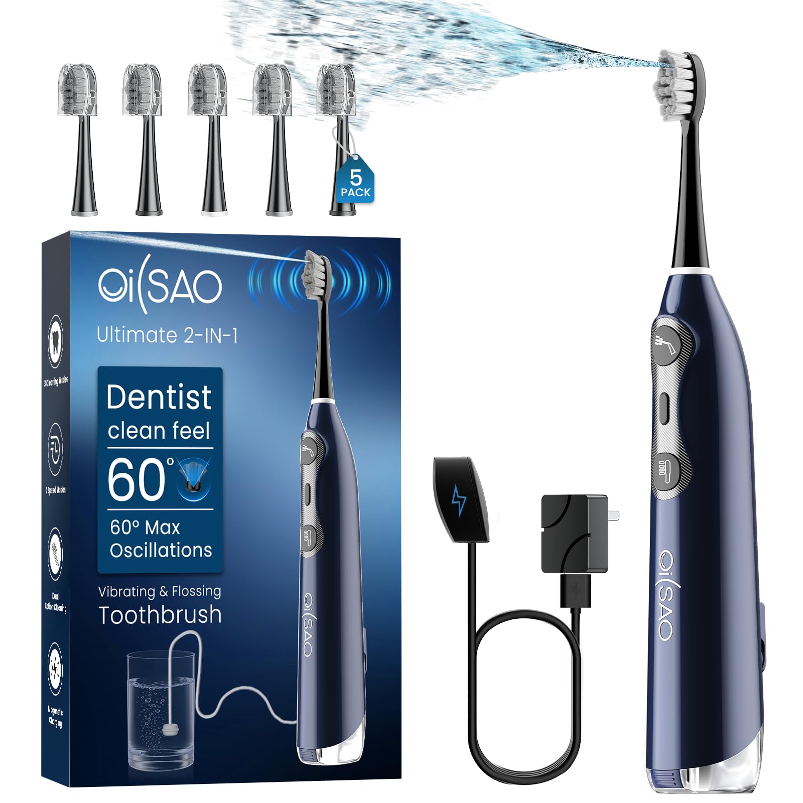 Spazzolino da denti professionale 3 in 1, con filo interdentale, vibra e oscilla (la prima tecnologia), spazzolino elettrico con idropulsore Equipe 5 testine, rimozione della placca per sensibilità
