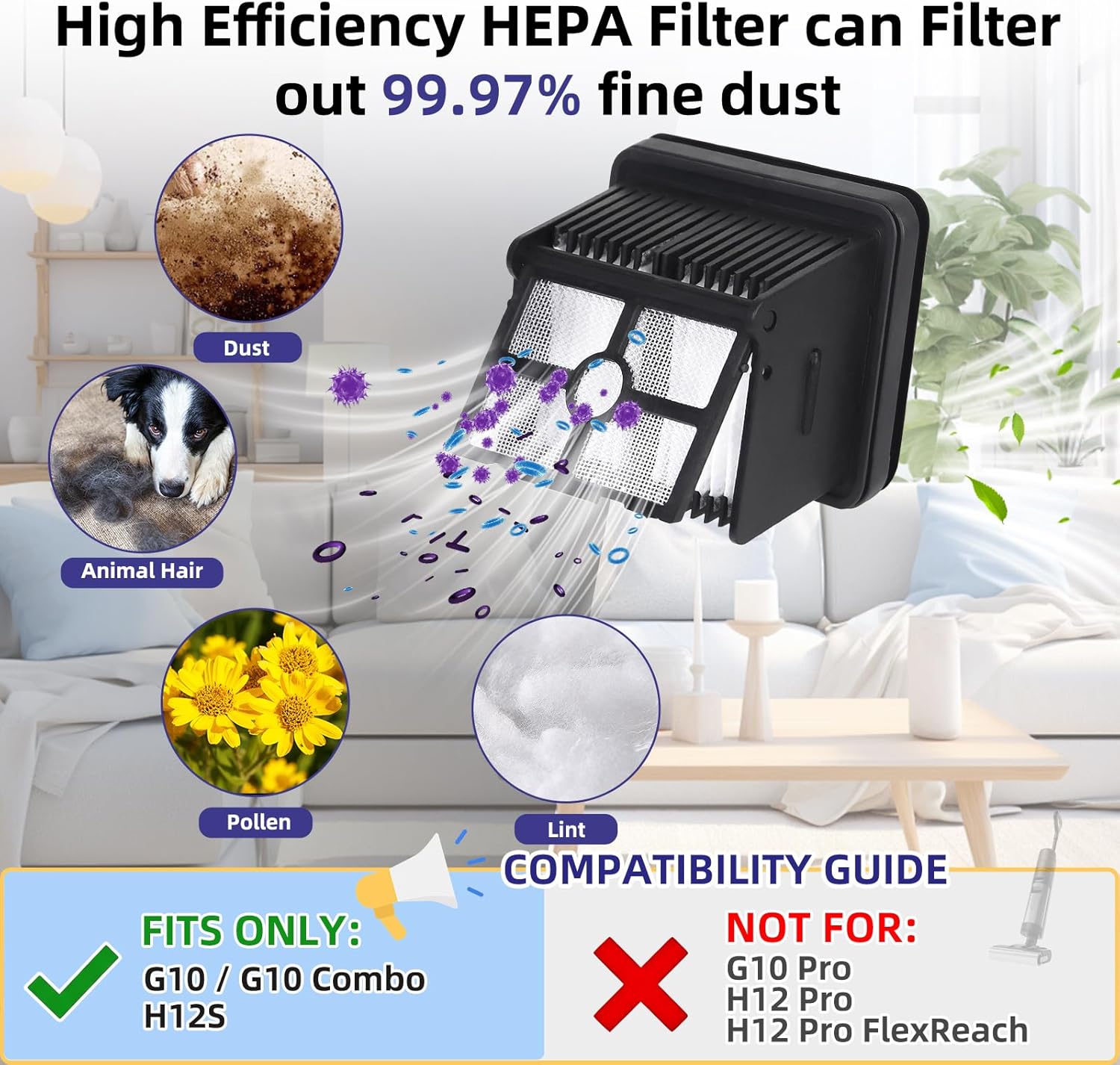 Replacement Brush Roller and Filter for Dreame G10, G10 Combo, H12S Cordless Wet Dry Vacuum Cleaner, Replacement Parts Kit Include 2 Filters Replacement, 2 Brush Rollers