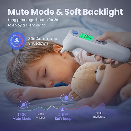 Miniatura 5 de Termómetro de oído para niños, termómetro digital infrarrojo para adultos y bebés con 30 recuerdos de memoria, función de silencio y pantalla
