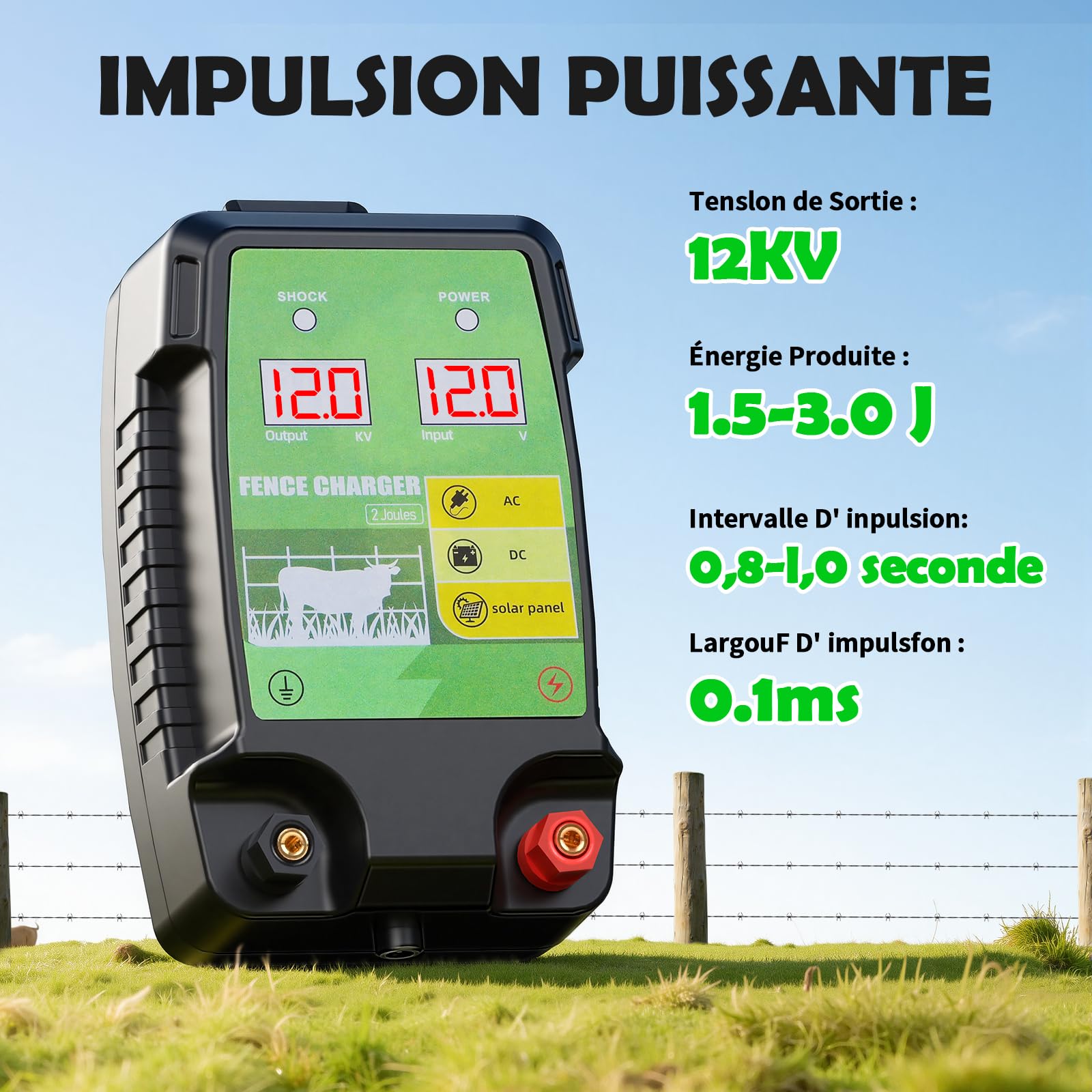 12KM Clôture Électrique pour Bétail Animaux, 12kV 3.0J Tension de Sortie Électrificateur Clôture Électrique avec Affichage LED, Protection pour Chevaux Moutons Chien Jardin Pâturages (Noir-Vert)