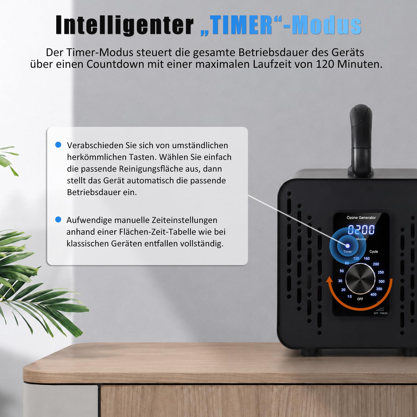 Ozongenerator 120,000mg/h, Smart Ozongerät mit 2 Modi CYCLE & TIMER, Ozon Luftreiniger mit verzögerter Startfunktion & 120 Min Timer, O3 Ozonisator für Wohnung Auto Haustier- und Küchengerüche