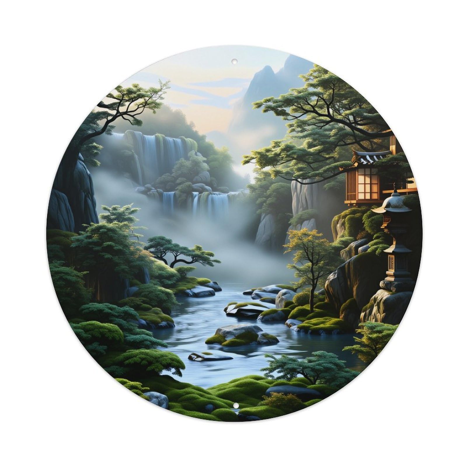 Wmlzdnwr Vintage Mountain Stream Waterfall Forest Temple Lanterns Trees Mist Rocks Round Tin Sign,Retro Wall Art,Metal Poster For Home, Bar, Garage, Cafe, Rustic Indoor & Outdoor Decor, 8X8 Inches
