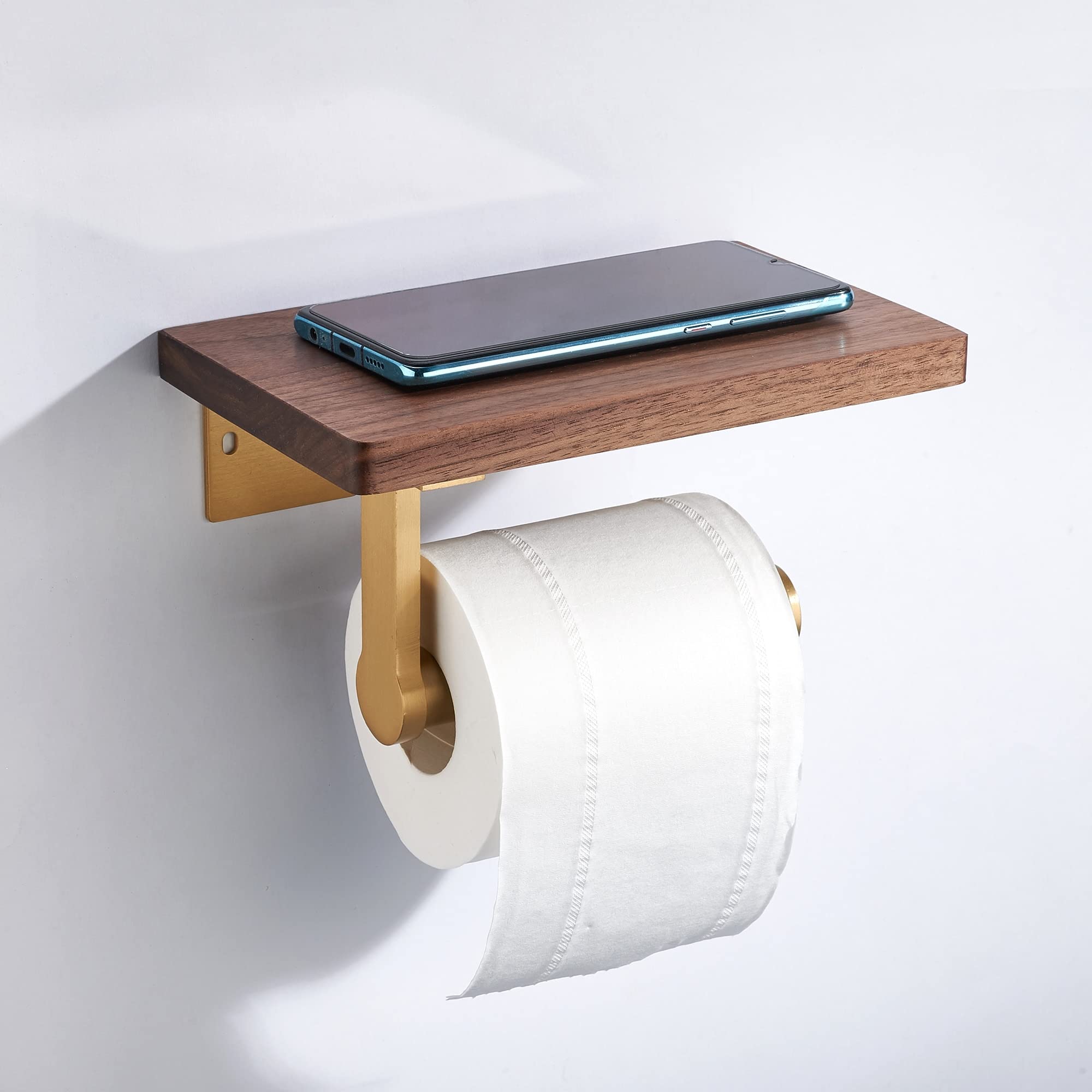 Wykwintne półki łazienkowe Uchwyt na papier toaletowy w łazience, papier w rolce z półką na telefon, uchwyt ścienny do przechowywania papieru toaletowego, drewniany stojak na papier toaletowy (kolor: