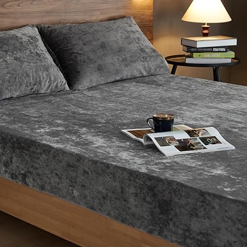 Miniatura 7 de PHF Sábana bajera de terciopelo Truly Velvet tamaño Queen, lujosa sábana inferior de forro polar supersuave y acogedora con bolsillo profundo de