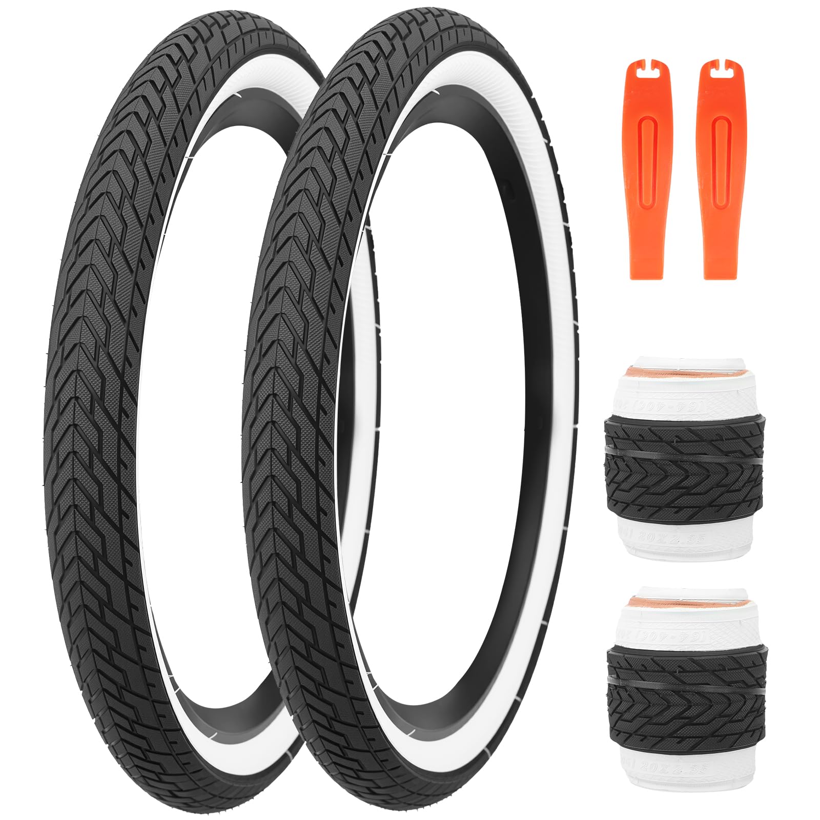 ZUKKA 20 x 2.35 Bike Tire 1/2 Pack 20 inch x 2.35 BMX Bike Tire Folding Replacement Tire for MTB Mountain Bike, BMX Bicycle Commuter Bike (White Wall, 2 Tires+2 Levers)