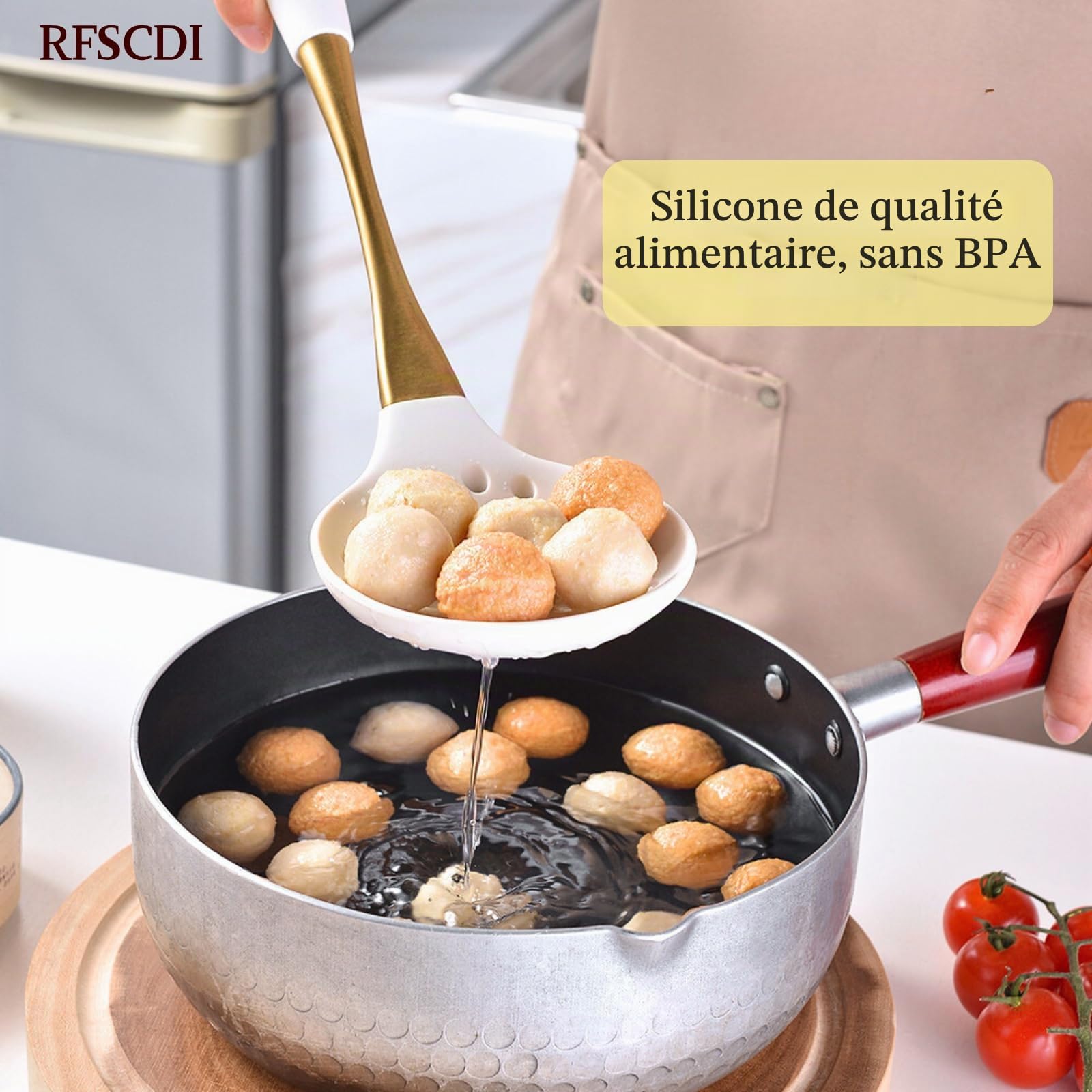 Ensemble d'ustensiles de cuisine élégants en silicone blanc doré – Non toxiques, passent au lave-vaisselle avec poignées confortables résistantes à la chaleur – Comprend une spatule et une cuillère