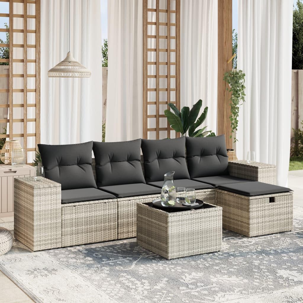 Juego de 6 sofás de jardín de polirratán, color gris claro, con cojines, modulares para exteriores, para terraza, balcón, resistente a los rayos UV