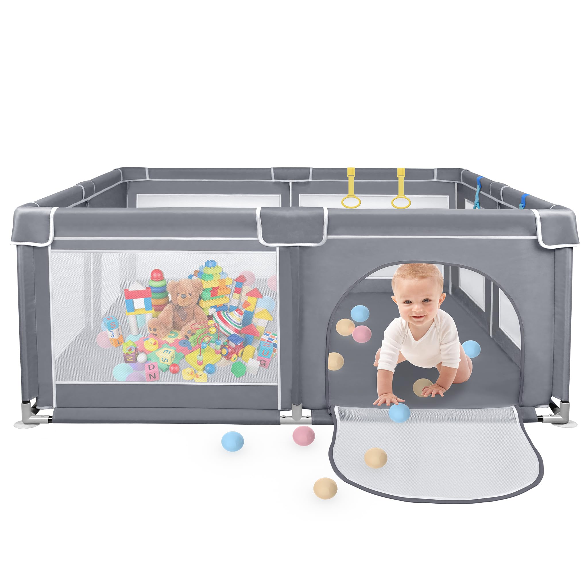 UISEBRT Parque infantil con base antideslizante y red transpirable y 50 pelotas, rejilla de barrera estable, centro de actividades para niños, gris oscuro – 150 x 180 cm