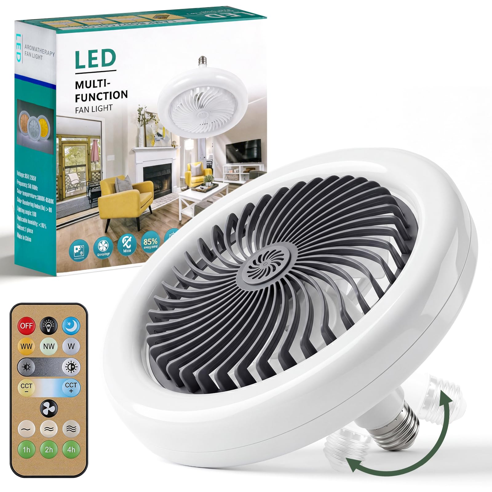 Ventilador Techo con Luz, E27 Lampara Techo Ventilador, Silencioso, 3 Velocidades, 30W Bombilla Ventilador Techo con Mando para Habitacion Pequeña, Dormitorio, Cocina
