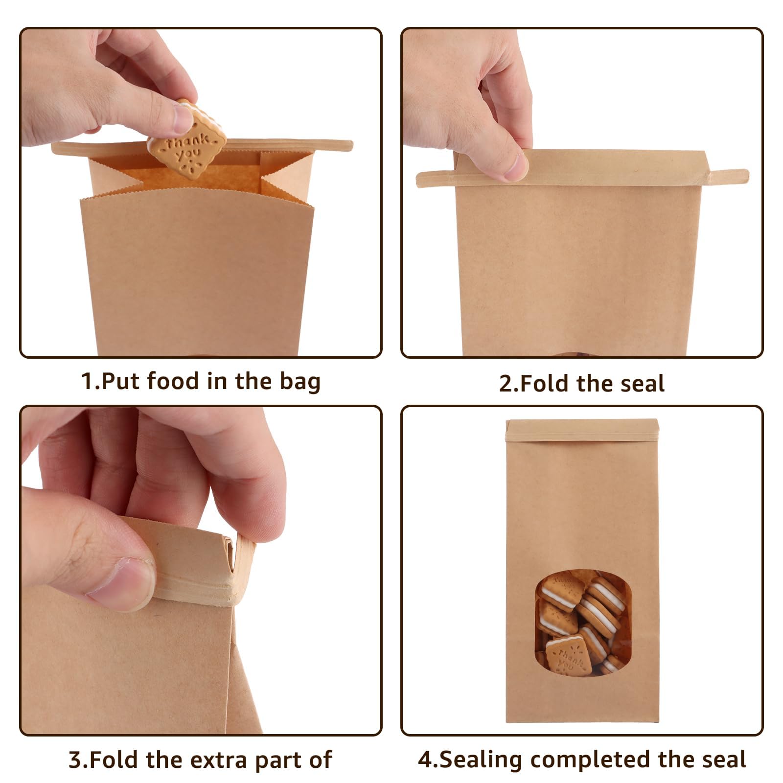 YAYODS 100 sacchetti di carta con finestra, 24 x 12 x 6,5 cm, sacchetti di carta kraft piccoli, sacchetti di carta marrone con chiusura, per biscotti, toast, panini, caramelle, chicchi di caffè