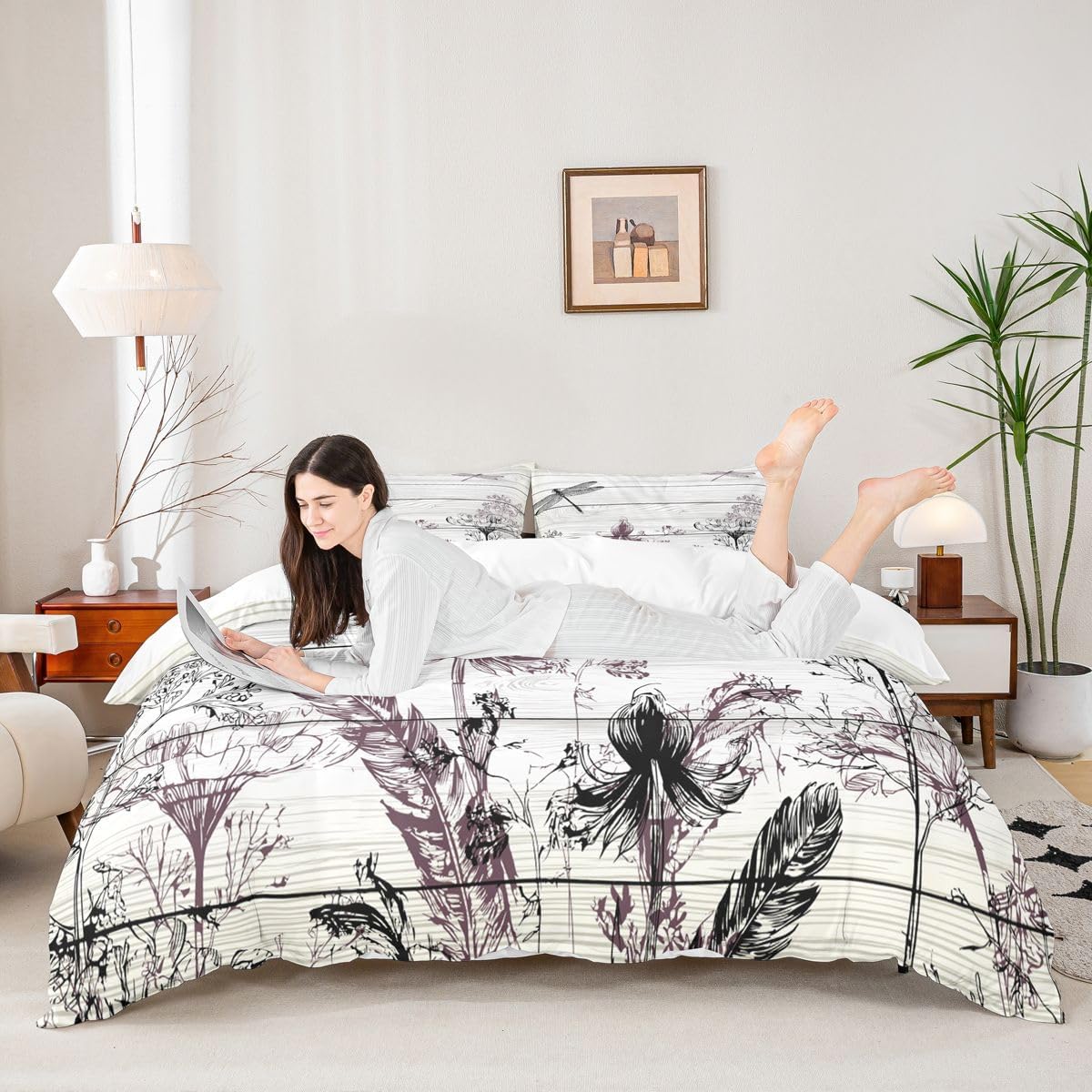 Wildflower Dragonfly Duvet Cover Butterfly Bedding Set Botanical Leaves Comforter Cover for Boys Girls Children Teens Bedroom Decor Nature Herbs Plants Bedspread Cover Queen Size With 2 Pillow Case