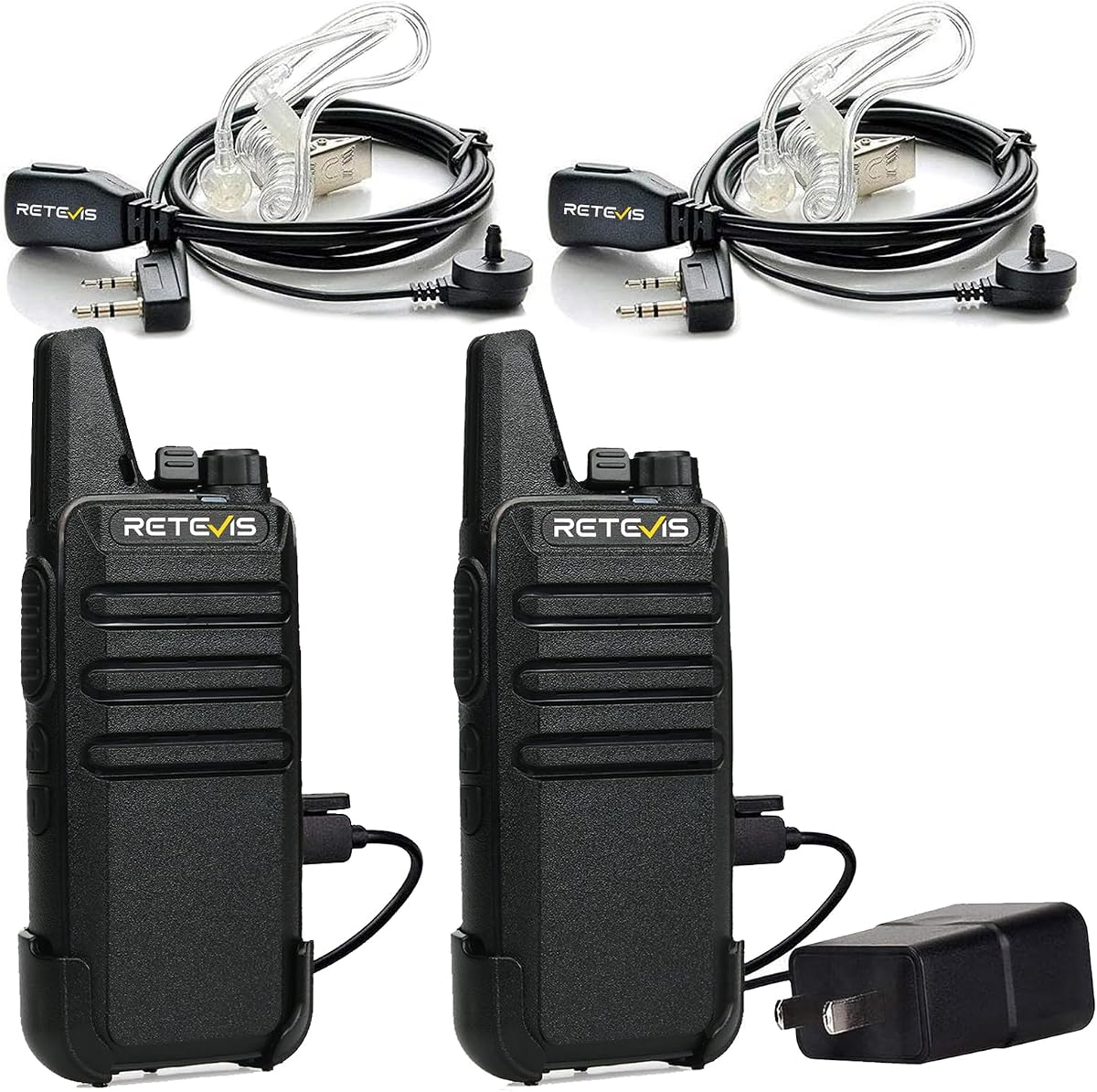 Walkie Talkies RT22 de largo alcance recargable con auricular (paquete de 2) | Radio bidireccional delgada y liviana para acampar y hacer caminatas, antena de bolsillo, lista para usar, batería de 10 horas, carga USB-C