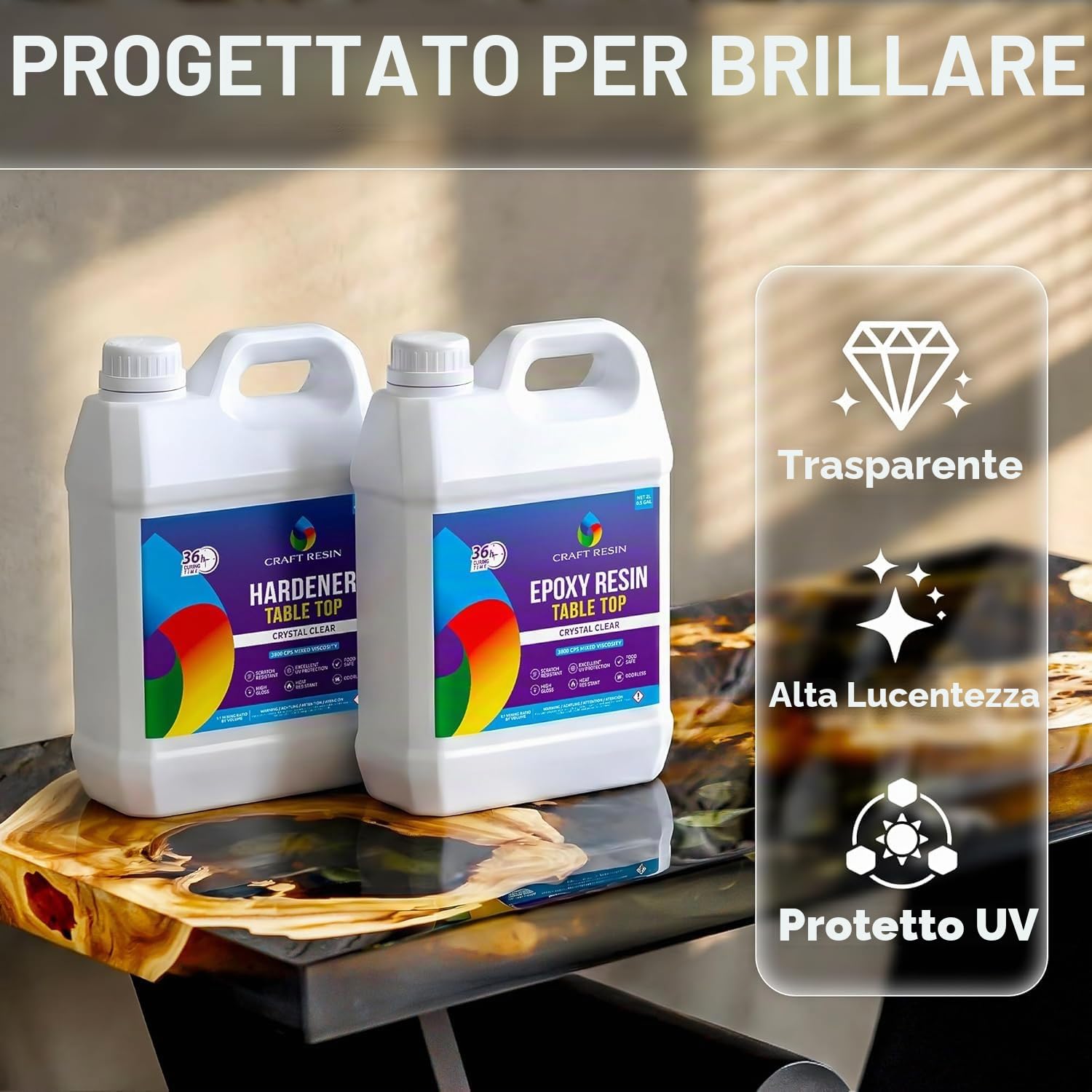 CRAFT RESIN 4L Resina Epossidica per Tavolo – Resina Epossidica Trasparente Kit, Resistente ai Raggi UV, Alto Lucido, Autolivellante – per Piani di Lavoro & Banconi – per Legno, Superfici