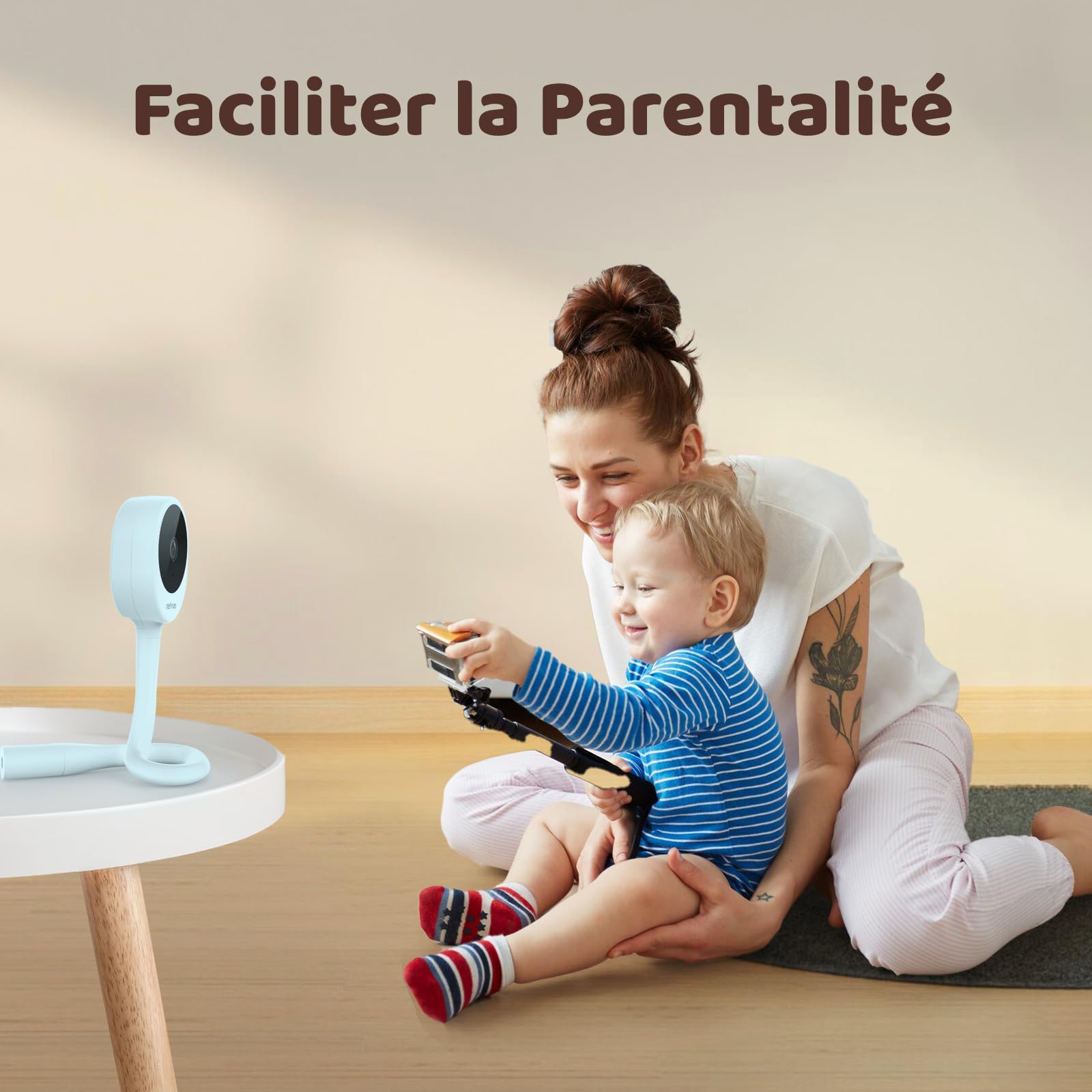 NETVUE 1080P Camera Bebe avec Support 4 en 1, Bleu Caméra Bebe avec App Gratuite, Vision Nocturne, Audio Bidirectionnel, Analyse du Sommeil, Berceuses, Détection de Mouvement
