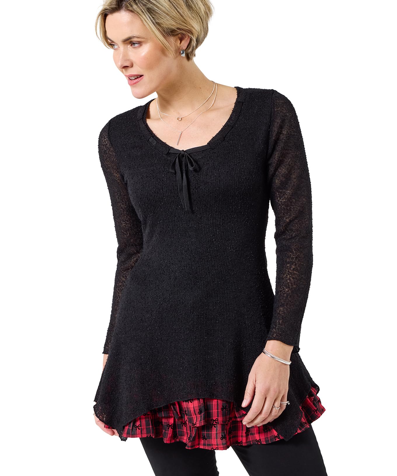 Joe Browns Women's Handkerchief Hem Flared Sleeve Tie Neck Tunic Top, Regular, Black, UK 14