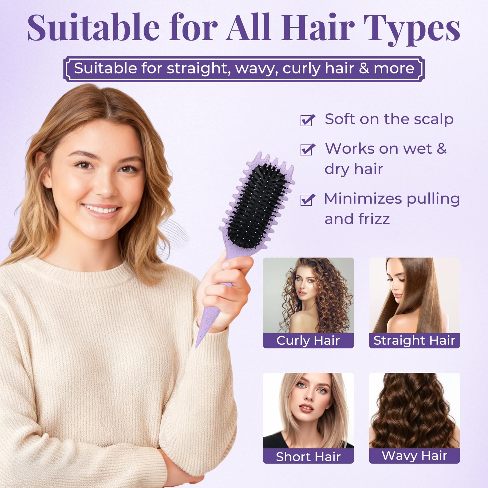 Peine pelo rizado definidos, cepillo antiestático para peinados con diseño de ventilación para cabello húmedo y seco, ideal para cabello rizado y para el cuidado del volumen (Morado)