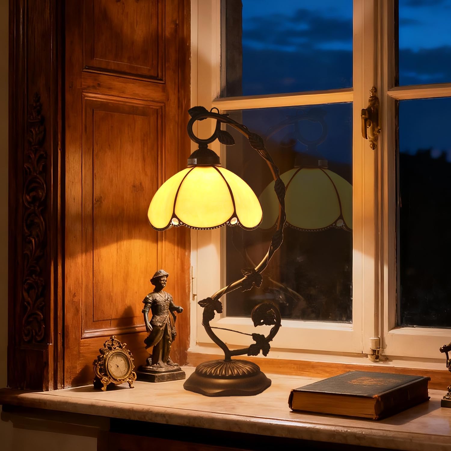 Tiffany Table Lamp, Yellow Glass Shade with Metal Vine Base, 8x10x20 Inch