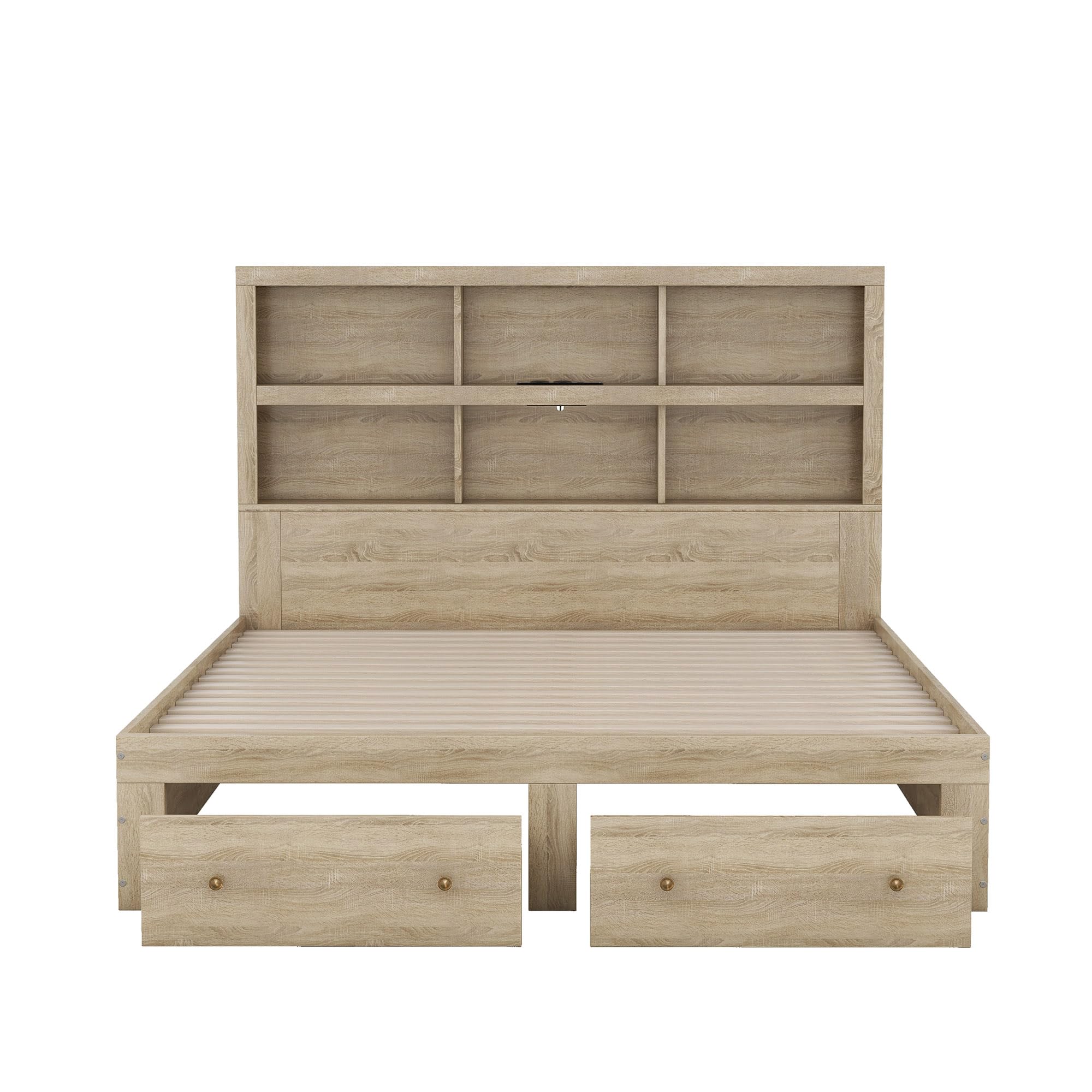 Moimhear Letto matrimoniale 160 x 200 cm, in legno massello, king size con due cassetti all'estremità del letto, testiera con vano portaoggetti (Naturale)