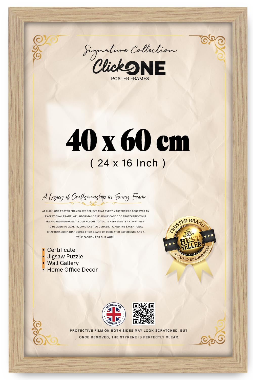 Click One — Sophisticated (40 X 60 CM | 24 X 16 Inch) Frame For Displaying Artworks And Photos In Vertical And Horizontal Orientations | Oak Finish For Modern Living Rooms | Gallery Style Mount